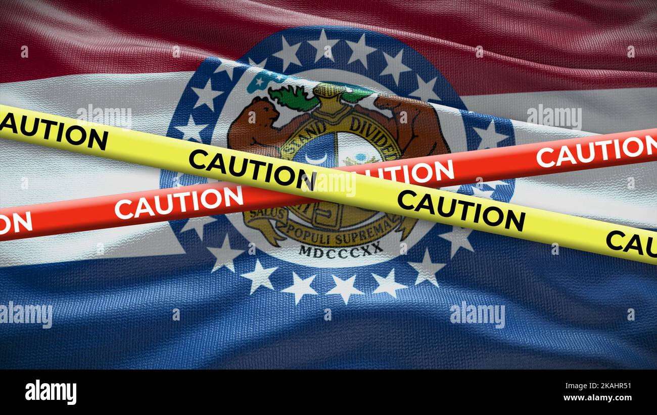 Flag simbolo stato Missouri con nastro di attenzione. Illustrazione 3D. Foto Stock