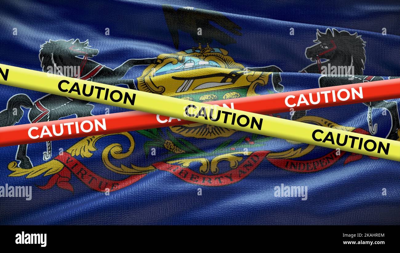 Bandiera simbolo dello stato della Pennsylvania con nastro di attenzione. Illustrazione 3D. Foto Stock