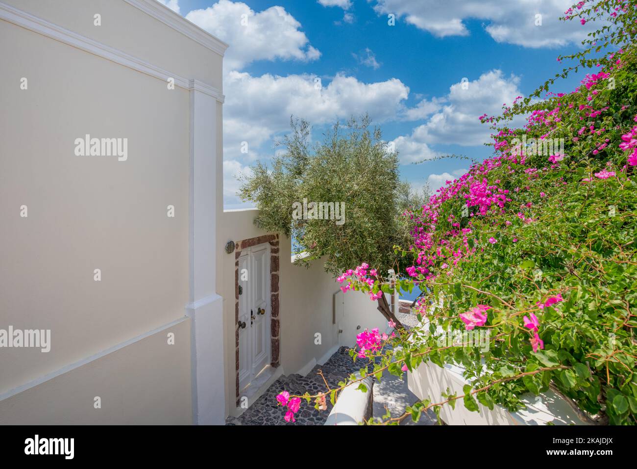 Oia città sull'isola di Santorini, Grecia. Tradizionale famoso bianco blu case scale, sentieri sotto il cielo soleggiato blu Caldera, Mar Egeo. Bella estate Foto Stock