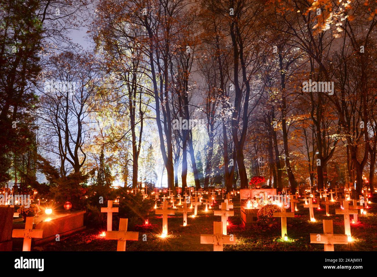 Una vista delle tombe militari illuminate della seconda Guerra Mondiale nel cimitero di Rakowiecki a Cracovia, il giorno di tutti i Santi. Il 1st novembre in Polonia è una giornata fuori dal lavoro e molte persone si recano per visitare le tombe dei propri cari. Martedì 1st novembre 2016, cimitero di Rakowicki, Cracovia, Polonia. Foto di Artur Widak *** Please use Credit from Credit Field *** Foto Stock