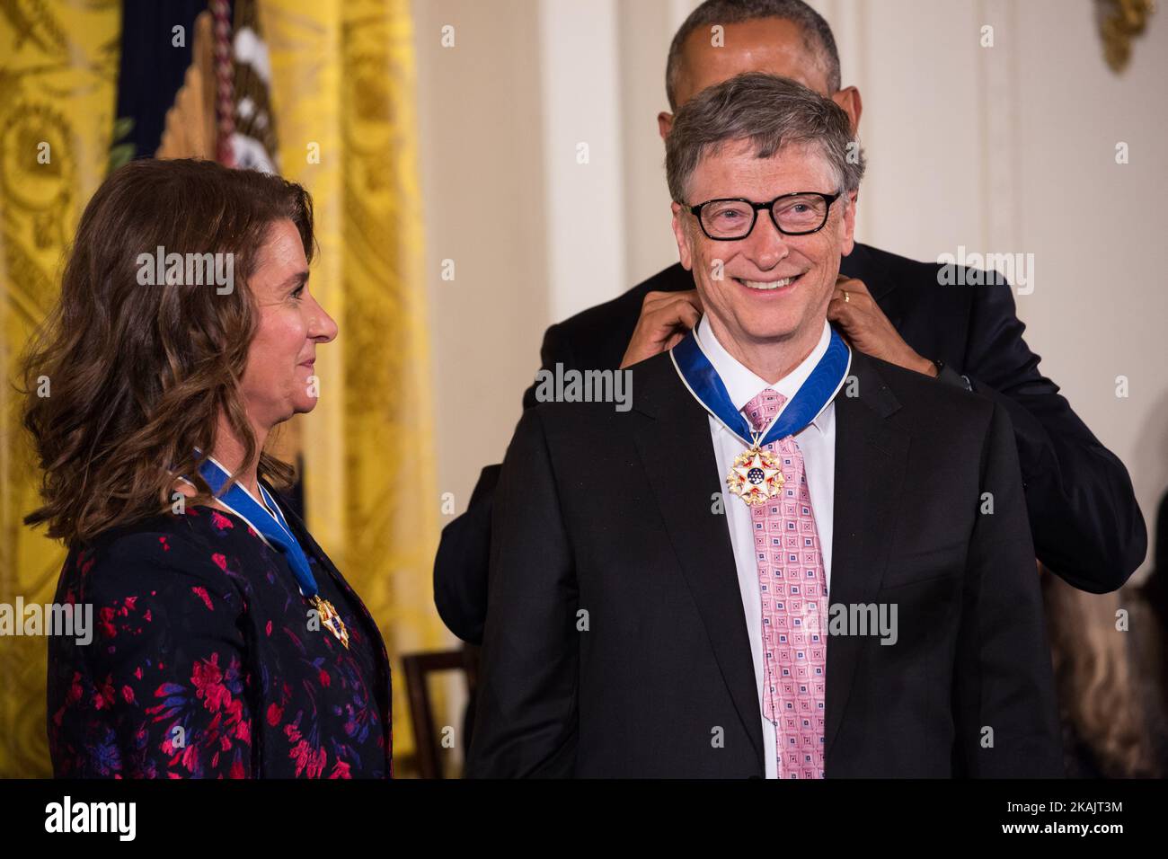 Il presidente Barack Obama ha assegnato la medaglia presidenziale della libertà ai filantropi Bill e Melinda Gates. (Foto di Cheriss May/NurPhoto) *** Please use Credit from Credit Field *** Foto Stock
