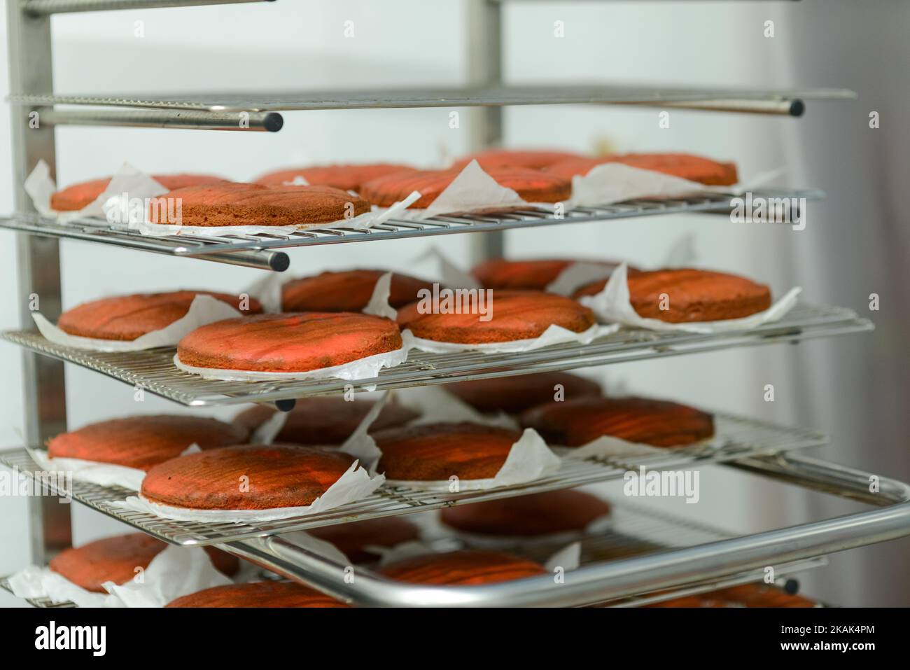 preparazione di una torta di velluto rosso a strati , pezzi in un carrello pronti per la preparazione Foto Stock