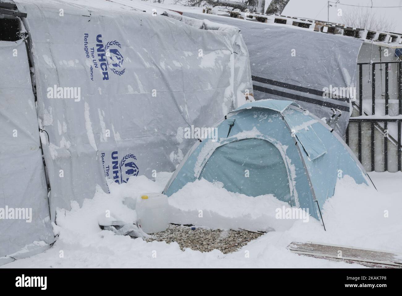 Centinaia di rifugiati si trovano ad affrontare le temperature estremamente basse del nord della Grecia nei campi della città di Salonicco o nei dintorni il 11 gennaio 2017. Nel campo di Softex la temperatura era di -8Â°C con senso di sensazione reale al di sotto di -13Â°C e ci sono state circa 20cm di nevicate durante una tempesta di neve heaby di mezza giornata. Le tende erano innevate. Non c'è acqua corrente come i tubi si sono congelati e molte tende non hanno elettricità e riscaldamento. Anche molti rifugiati senza documenti sono stati costretti ad abbandonare il campo. (Foto di Nicolas Economou/NurPhoto) *** Please use Credit from Credit Field *** Foto Stock