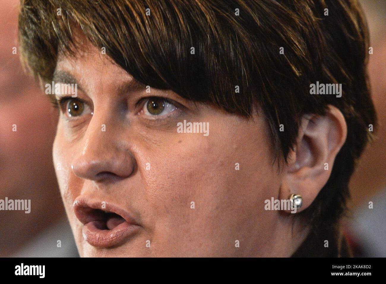 Arlene Foster, leader del Partito democratico Unionista (DUP), interviene prima di una sessione plenaria a Stormont a Belfast. Lunedì 16 gennaio 2017 a Belfast, Irlanda del Nord, Regno Unito. Foto di Artur Widak *** Please use Credit from Credit Field *** Foto Stock