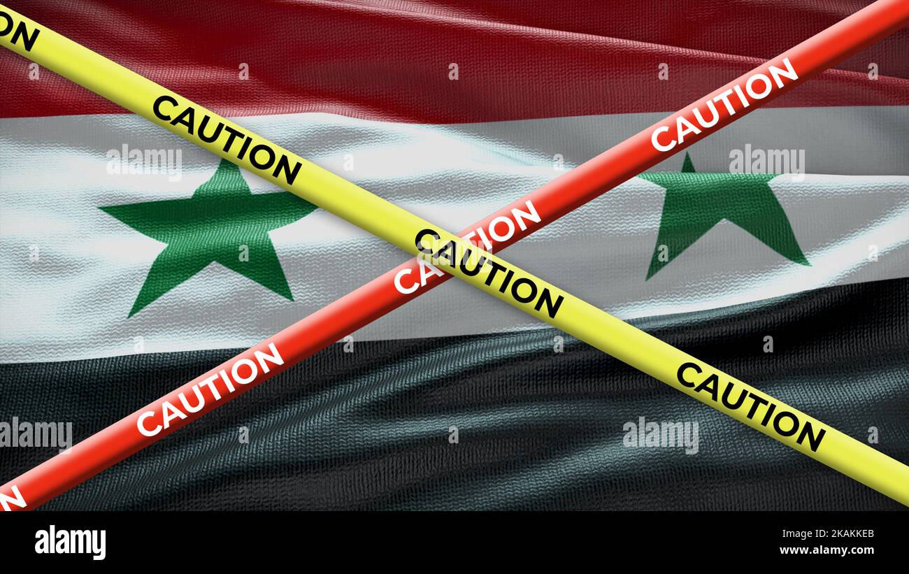 Bandiera nazionale del paese siriano con cautela nastro giallo. Problema nelle notizie nazionali. Illustrazione 3D. Foto Stock
