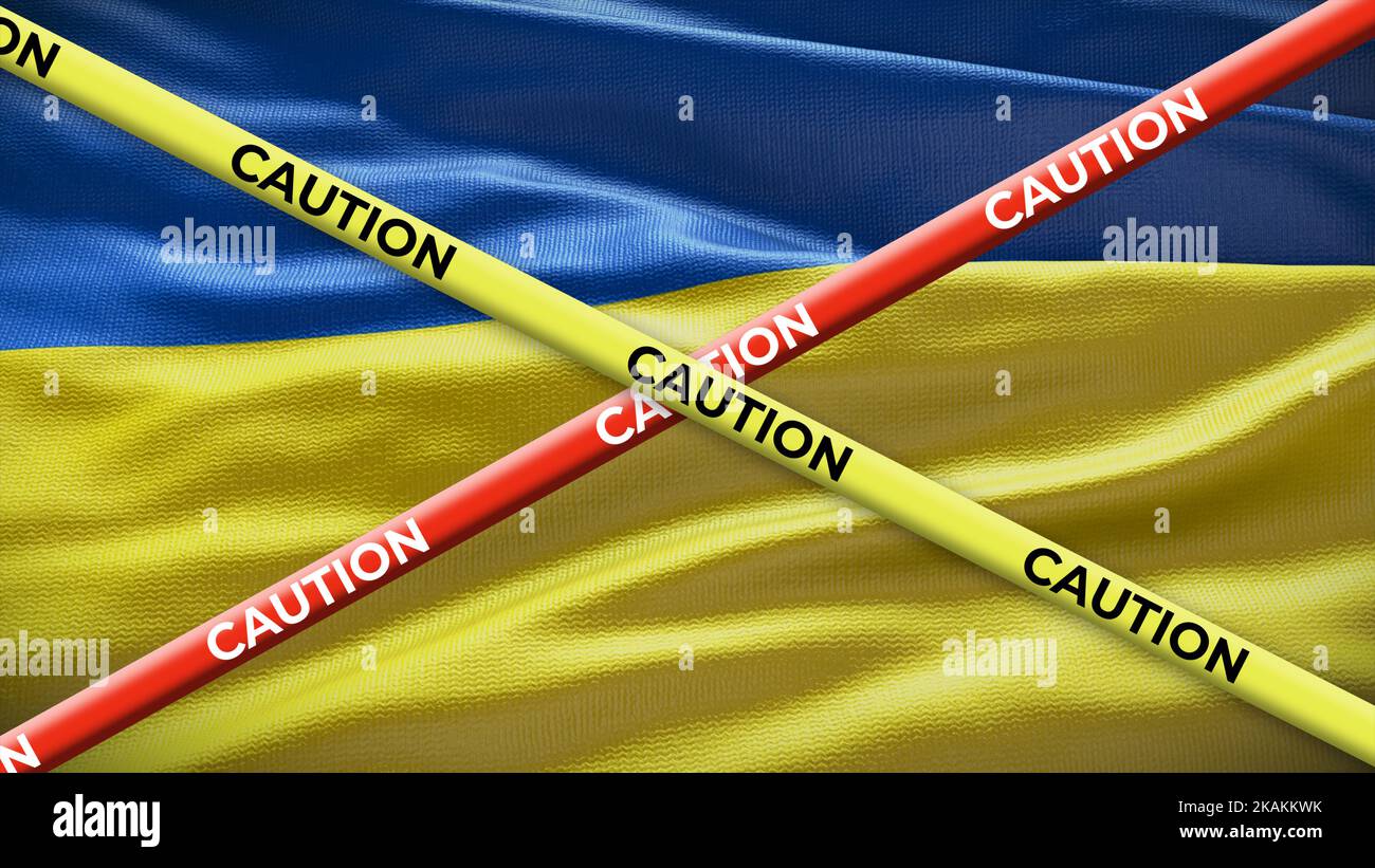 Bandiera nazionale Ucraina con attenzione nastro giallo. Problema nelle notizie nazionali. Illustrazione 3D. Foto Stock