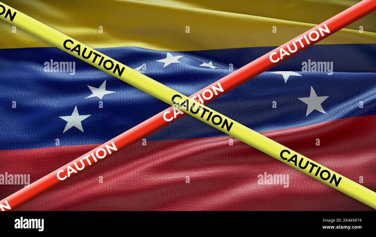 Bandiera nazionale del paese del Venezuela con cautela nastro giallo. Problema nelle notizie nazionali. Illustrazione 3D. Foto Stock