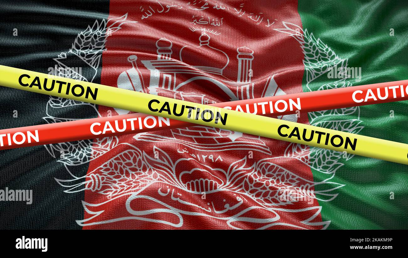 Bandiera nazionale del paese afghano con cautela nastro giallo. Problema nelle notizie nazionali. Illustrazione 3D. Foto Stock