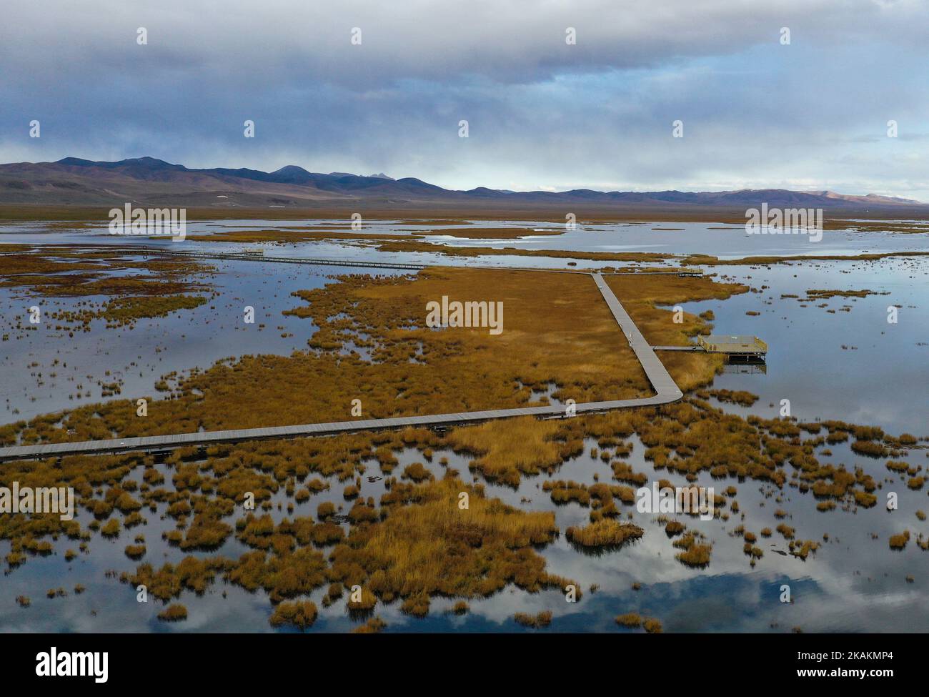 (221103) -- ABA, 3 novembre 2022 (Xinhua) -- questa foto aerea scattata il 18 ottobre 2022 mostra una vista della zona umida del lago Huahu nella contea di Ruoergai della prefettura autonoma tibetana-Qiang di Aba, provincia sudovest del Sichuan. La Riserva Naturale Nazionale delle paludi di Ruoergai è stata istituita per proteggere l'ecosistema locale delle paludi di torba e le specie rare come la gru a collo nero. Nota per le vaste praterie disseminate di fiumi, laghi e paludi tortuosi, questa riserva naturale divenne una riserva a livello nazionale nel 1998, ed è stata designata come zona umida di importanza internazionale nel 2008. L'ambiente ecologico o Foto Stock