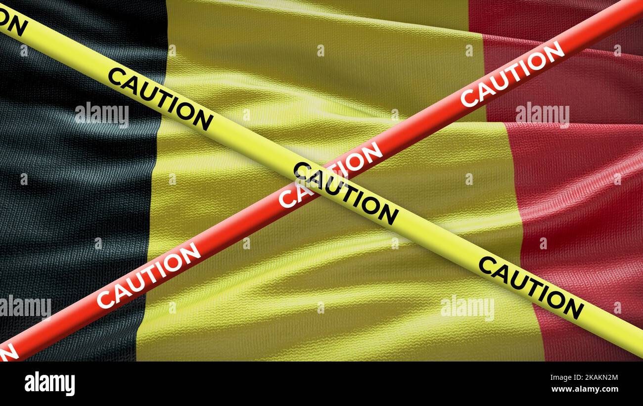 Bandiera nazionale del Belgio con nastro adesivo giallo di attenzione. Problema nelle notizie nazionali. Illustrazione 3D. Foto Stock