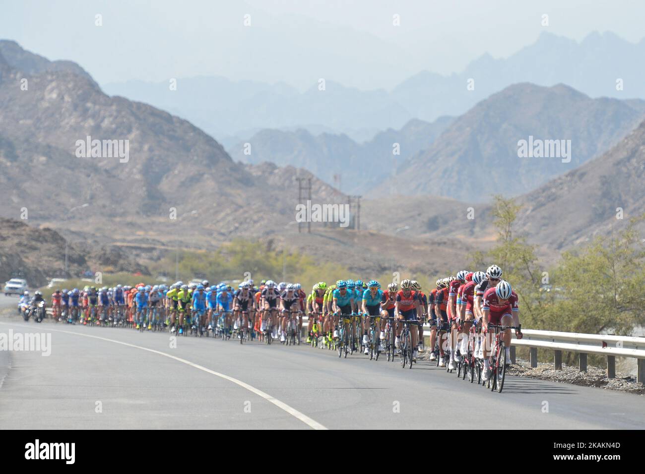 Un peloton di piloti durante la fase di apertura, a 176,5 km da al Sawadi Beach al Parco Naseem del 2017 giro in bicicletta di Oman. Martedì 14 febbraio 2017 a Mascate, Oman. Foto di Artur Widak *** si prega di utilizzare credito da campo di credito *** Foto Stock