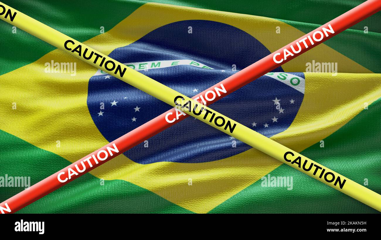 Bandiera nazionale del Brasile con attenzione nastro giallo. Problema nelle notizie nazionali. Illustrazione 3D. Foto Stock
