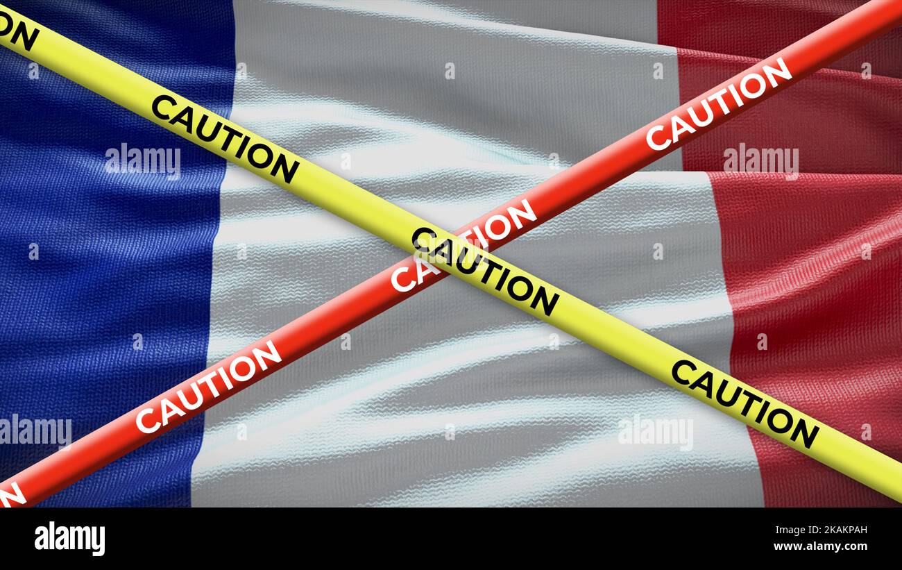 Bandiera nazionale francese con attenzione nastro giallo. Problema nelle notizie nazionali. Illustrazione 3D. Foto Stock