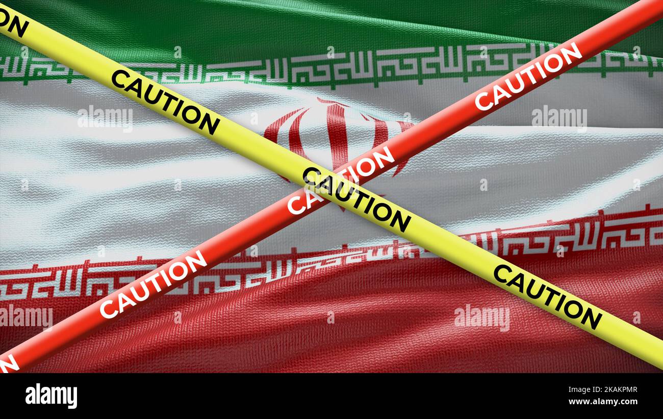 Bandiera nazionale del paese Iran con cautela nastro giallo. Problema nelle notizie nazionali. Illustrazione 3D. Foto Stock