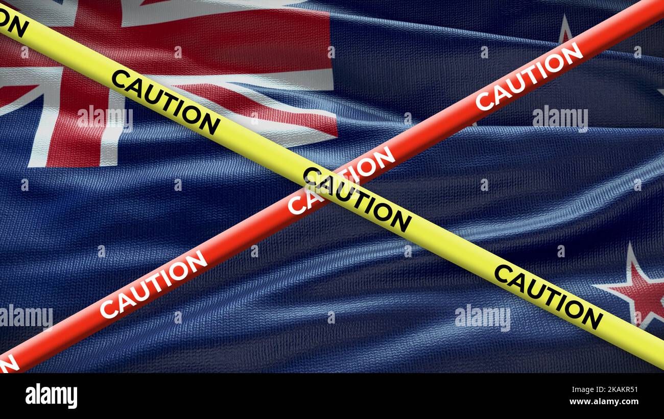 Bandiera nazionale neozelandese con nastro adesivo giallo di attenzione. Problema nelle notizie nazionali. Illustrazione 3D. Foto Stock