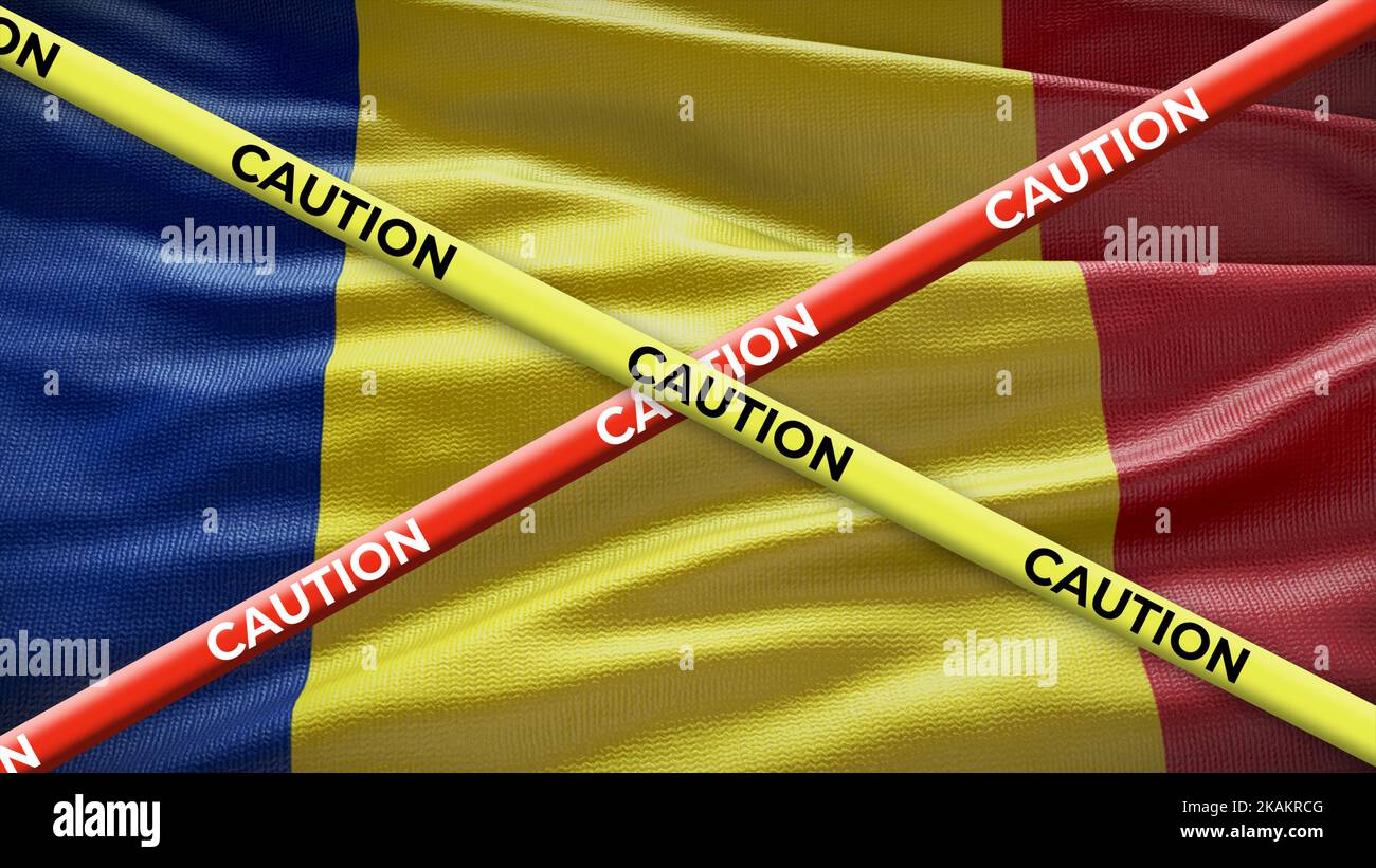 Bandiera nazionale del paese della Romania con nastro adesivo giallo di attenzione. Problema nelle notizie nazionali. Illustrazione 3D. Foto Stock