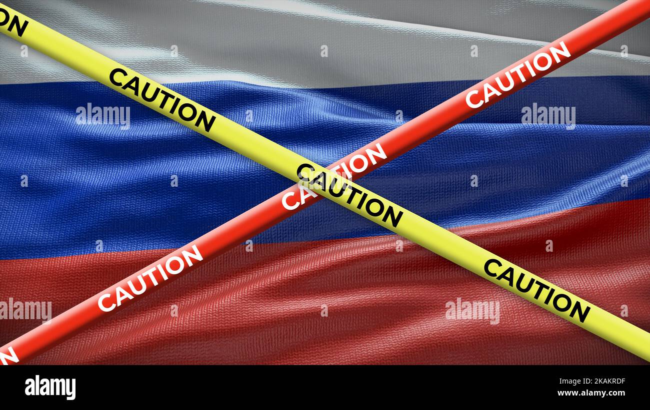 Bandiera nazionale del paese della Russia con nastro giallo di attenzione. Problema nelle notizie nazionali. Illustrazione 3D. Foto Stock
