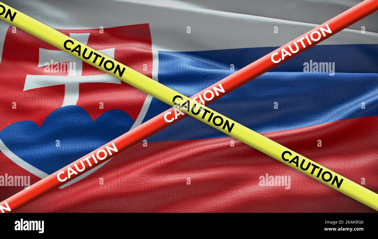 Bandiera nazionale della Slovacchia con cautela nastro giallo. Problema nelle notizie nazionali. Illustrazione 3D. Foto Stock