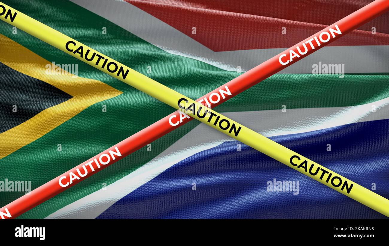 Bandiera nazionale sudafricana con attenzione nastro giallo. Problema nelle notizie nazionali. Illustrazione 3D. Foto Stock