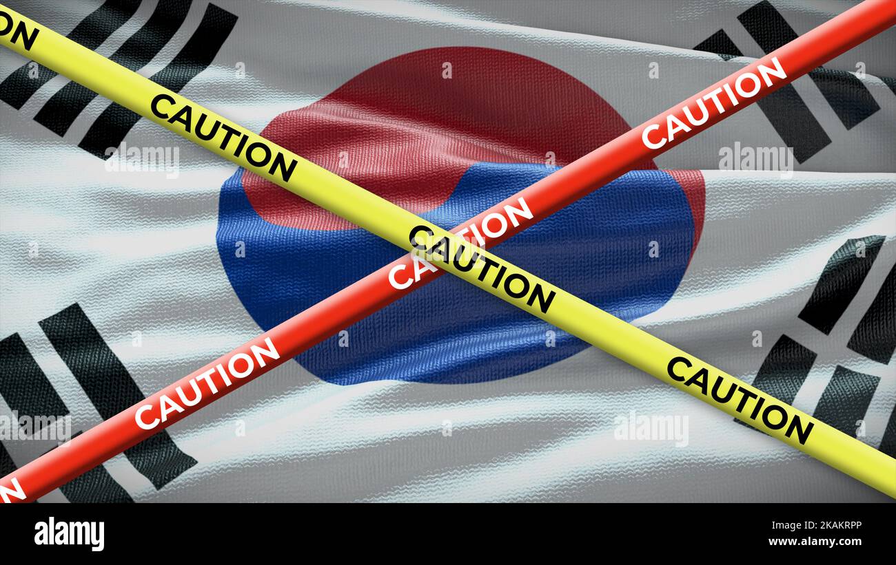Bandiera nazionale del paese della Corea del Sud con attenzione nastro giallo. Problema nelle notizie nazionali. Illustrazione 3D. Foto Stock