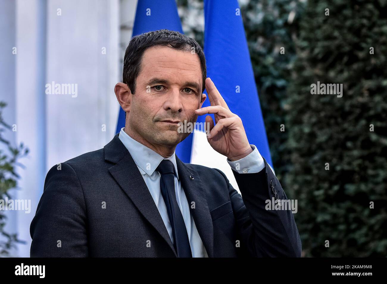 Benoit Hamon durante una cerimonia di tributo al deputato francese Henri Emmanuelli, il 27 marzo 2017 presso la sede del Partito socialista francese a Parigi. (Foto di Julien Mattia/NurPhoto) *** Please use Credit from Credit Field *** Foto Stock