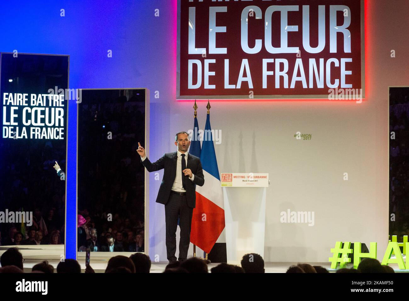 Benoit Hamon, candidato alle elezioni presidenziali del Partito socialista nella riunione del 11 aprile 2017, a Lione, Francia. (Foto di Nicolas Liponne/NurPhoto) *** Please use Credit from Credit Field *** Foto Stock