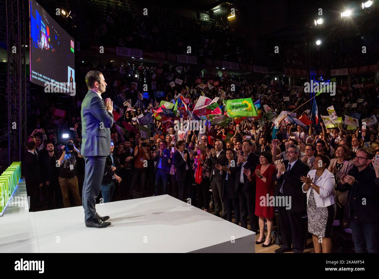 Benoit Hamon, candidato alle elezioni presidenziali del Partito socialista nella riunione del 11 aprile 2017, a Lione, Francia. (Foto di Nicolas Liponne/NurPhoto) *** Please use Credit from Credit Field *** Foto Stock