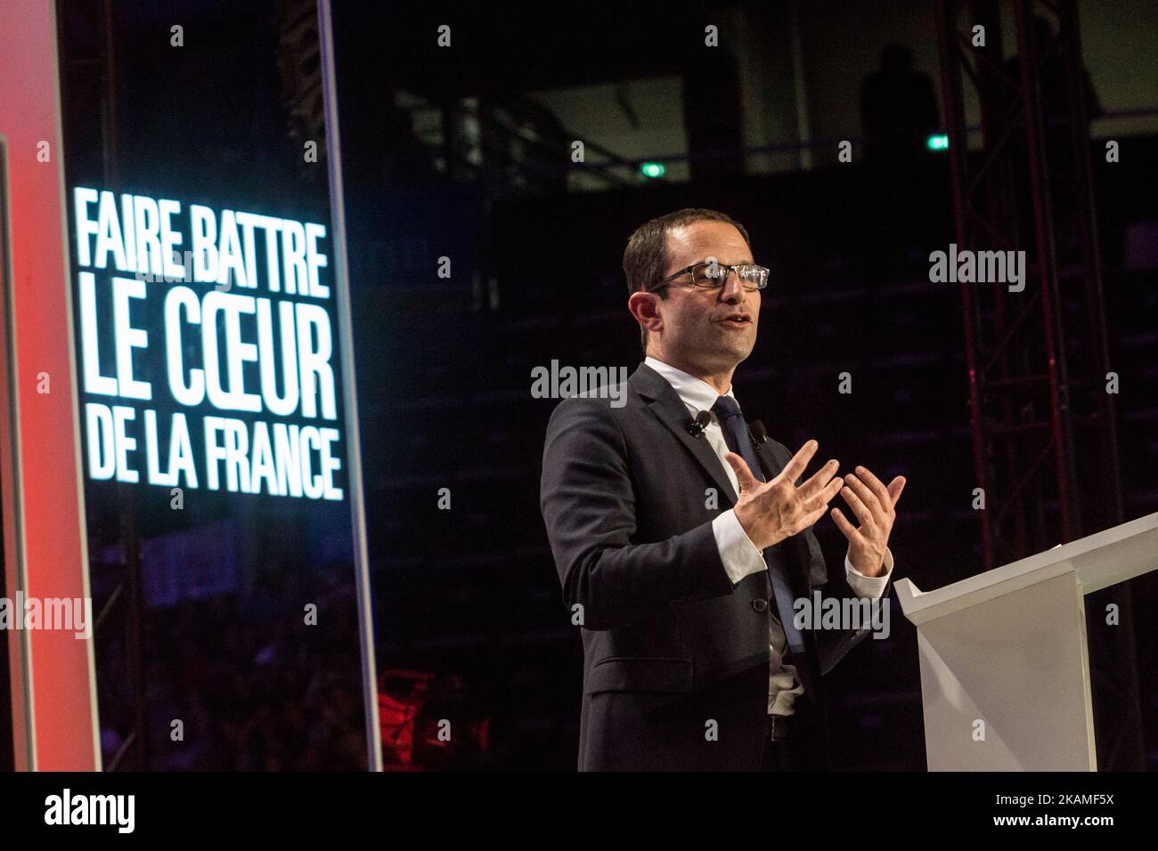 Benoit Hamon, candidato alle elezioni presidenziali del Partito socialista nella riunione del 11 aprile 2017, a Lione, Francia. (Foto di Nicolas Liponne/NurPhoto) *** Please use Credit from Credit Field *** Foto Stock