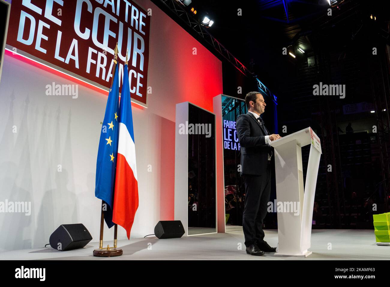 Benoit Hamon, candidato alle elezioni presidenziali del Partito socialista nella riunione del 11 aprile 2017, a Lione, Francia. (Foto di Nicolas Liponne/NurPhoto) *** Please use Credit from Credit Field *** Foto Stock