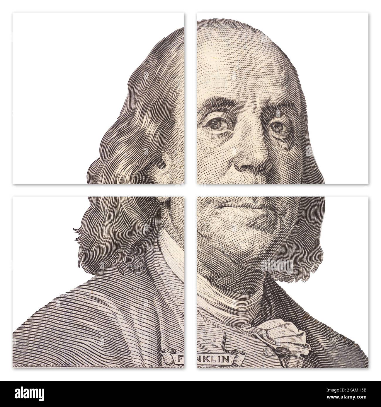 Bandiera con ritratto del presidente degli Stati Uniti Benjamin Franklin. Foto Stock
