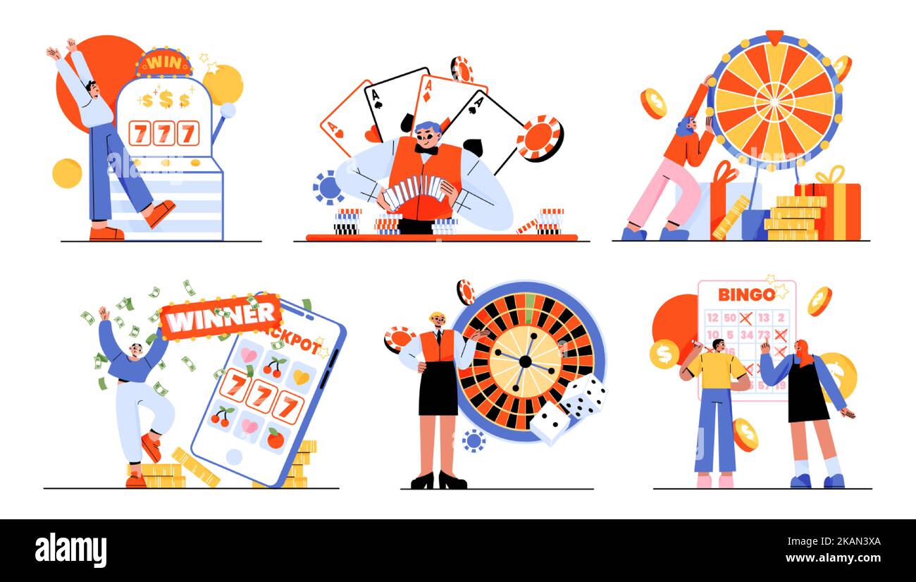 Persone che giocano al casinò e giochi d'azzardo set isolato. Concetto di gioco d'azzardo con personaggi maschili e femminili spin roulette, slot machine, poker e lotteria f Illustrazione Vettoriale
