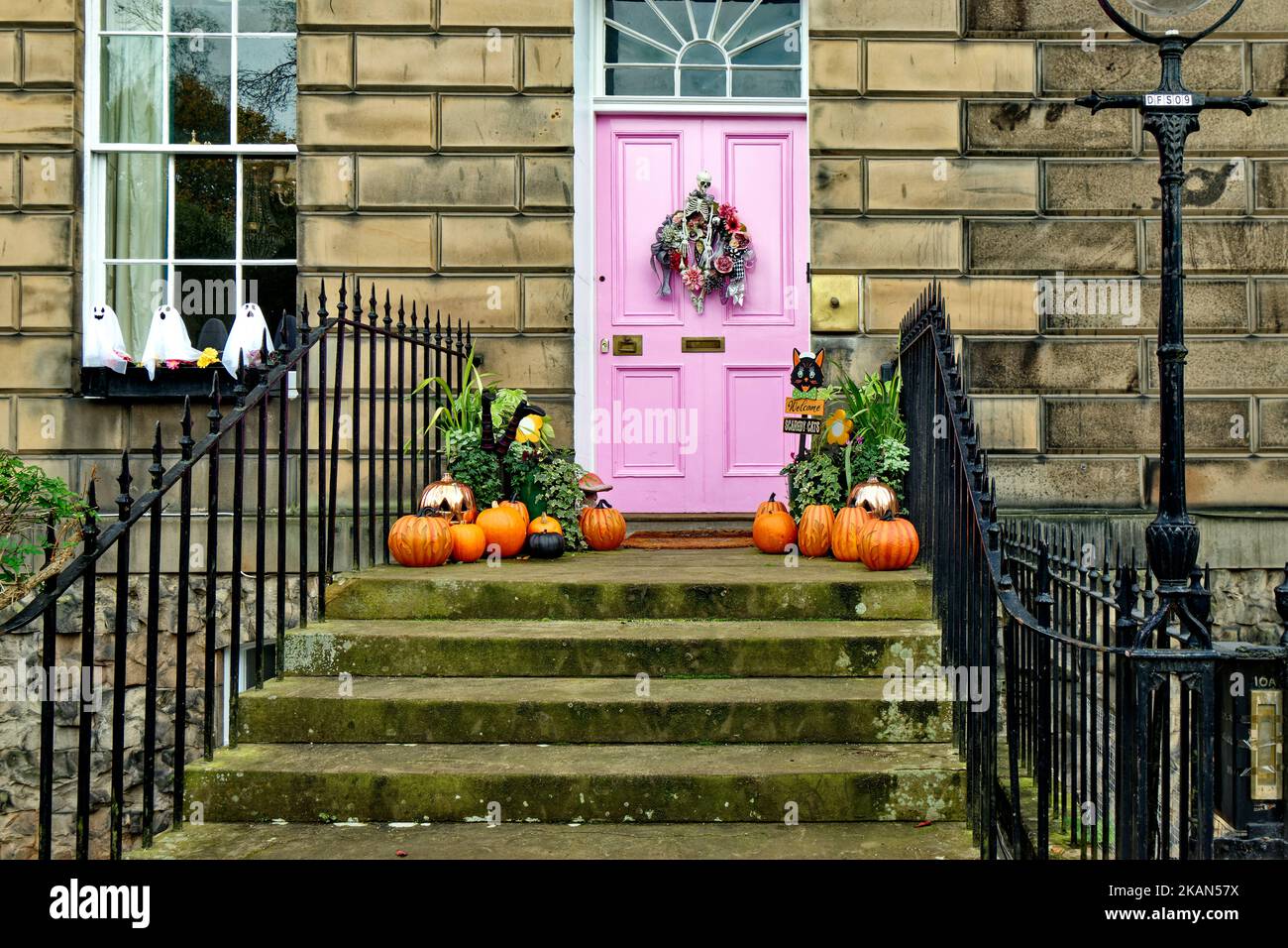 Edinburgh New Town Scotland una porta rosa su una casa Drummond Place con una corona e zucche di Halloween arancione Foto Stock