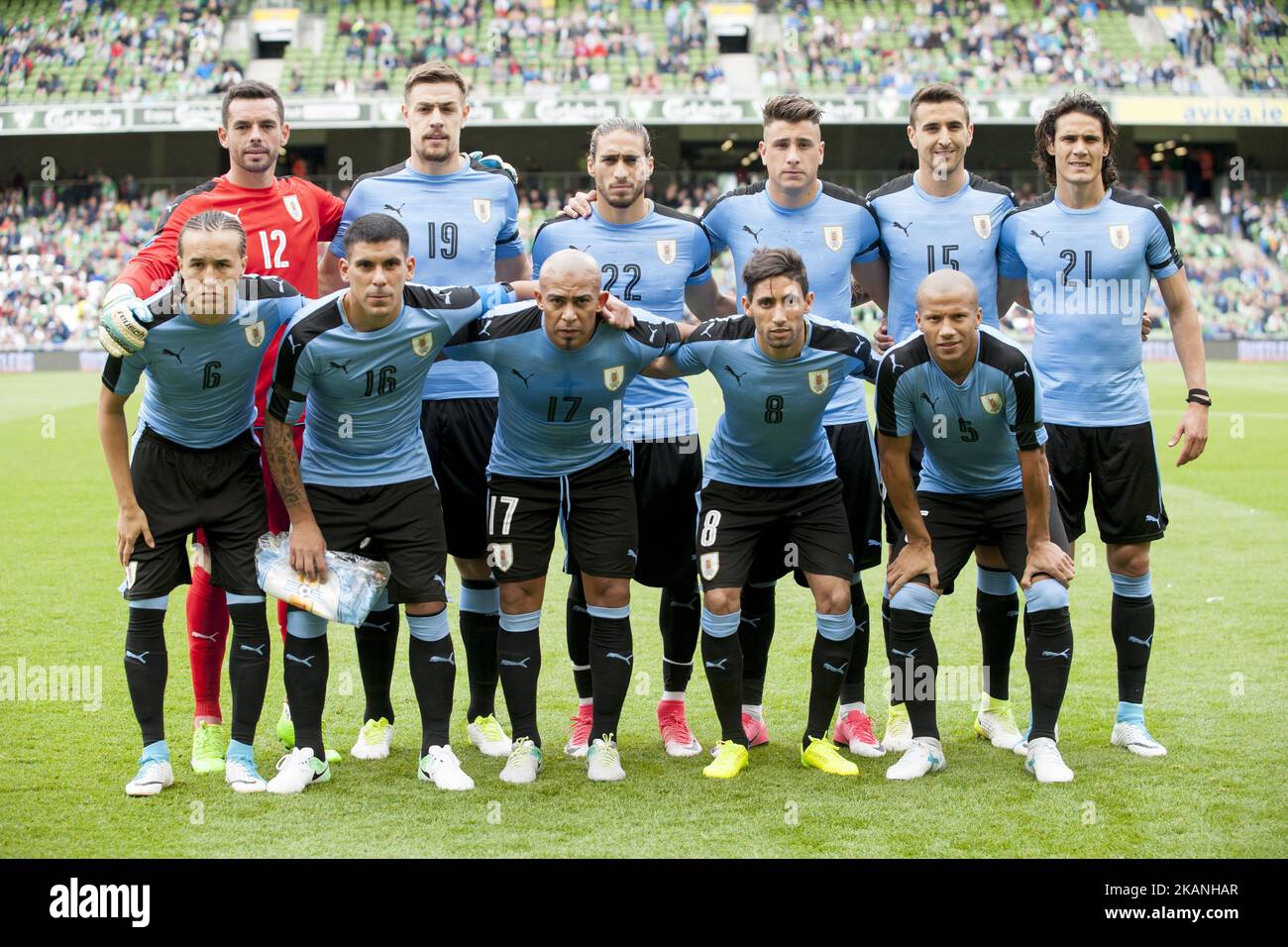 La nazionale di calcio dell'Uruguay si pone per la foto prima della partita internazionale amichevole tra la Repubblica d'Irlanda e l'Uruguay allo stadio Aviva di Dublino, Irlanda il 4 giugno 2017 la Repubblica d'Irlanda sconfigge l'Uruguay 3-1. (Foto di Andrew Surma/NurPhoto) *** Please use Credit from Credit Field *** Foto Stock