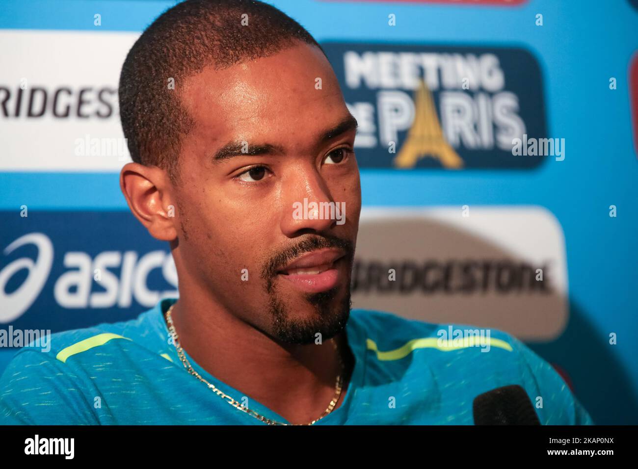 Christian Taylor of USA, campione olimpico nel salto triplo ai Giochi Olimpici di Londra del 2012 e ai Giochi Olimpici di Rio del 2016, risponde alle domande durante la conferenza stampa della lega dei diamanti, riunione di Parigi del 2017, al Mercure Paris Centre Eiffel di Parigi, Francia, il 30 giugno 2017. (Foto di Michel Stoupak/NurPhoto) *** Please use Credit from Credit Field *** Foto Stock