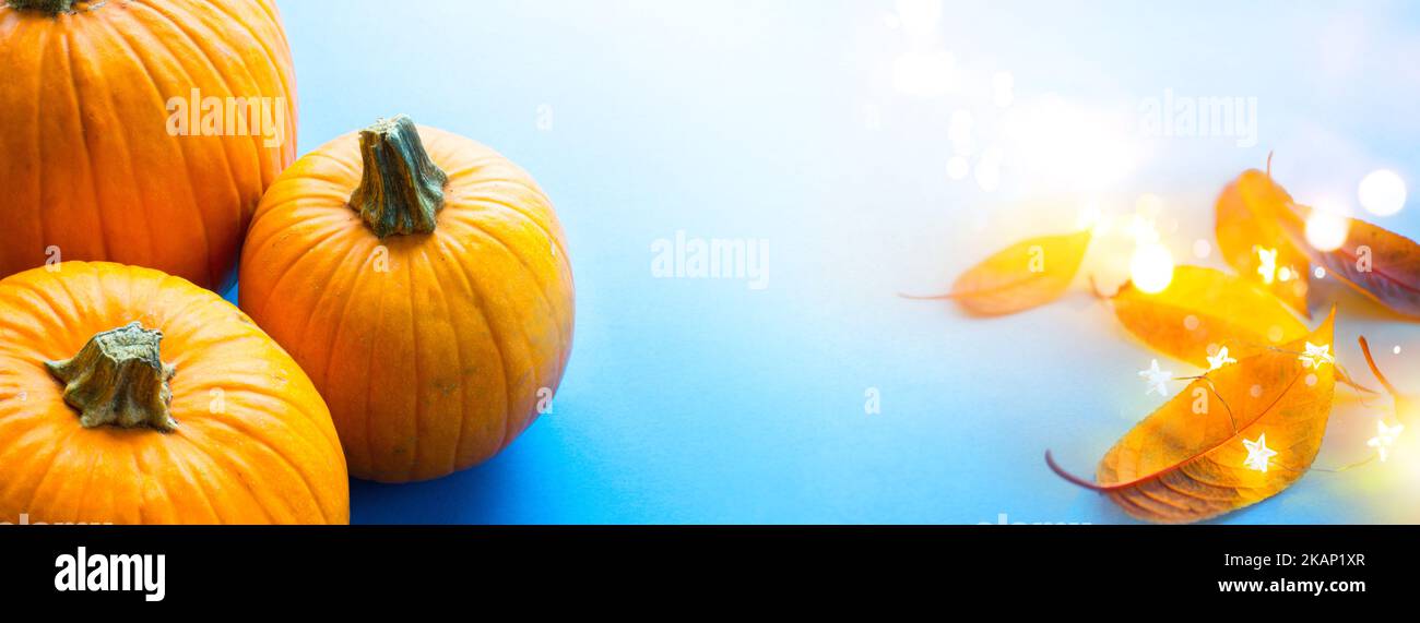 festa di ringraziamento banner o biglietto di auguri sfondo con zucca autunnale e foglie autunnali su sfondo blu Foto Stock
