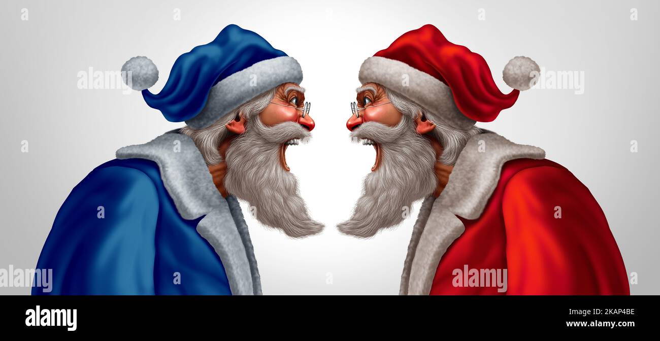 Conflitto di festa e Babbo Natale in disaccordo con un altro santaclaus come uno stress di natale o stagione di guerra politica tra sinistra blu e rosso Foto Stock