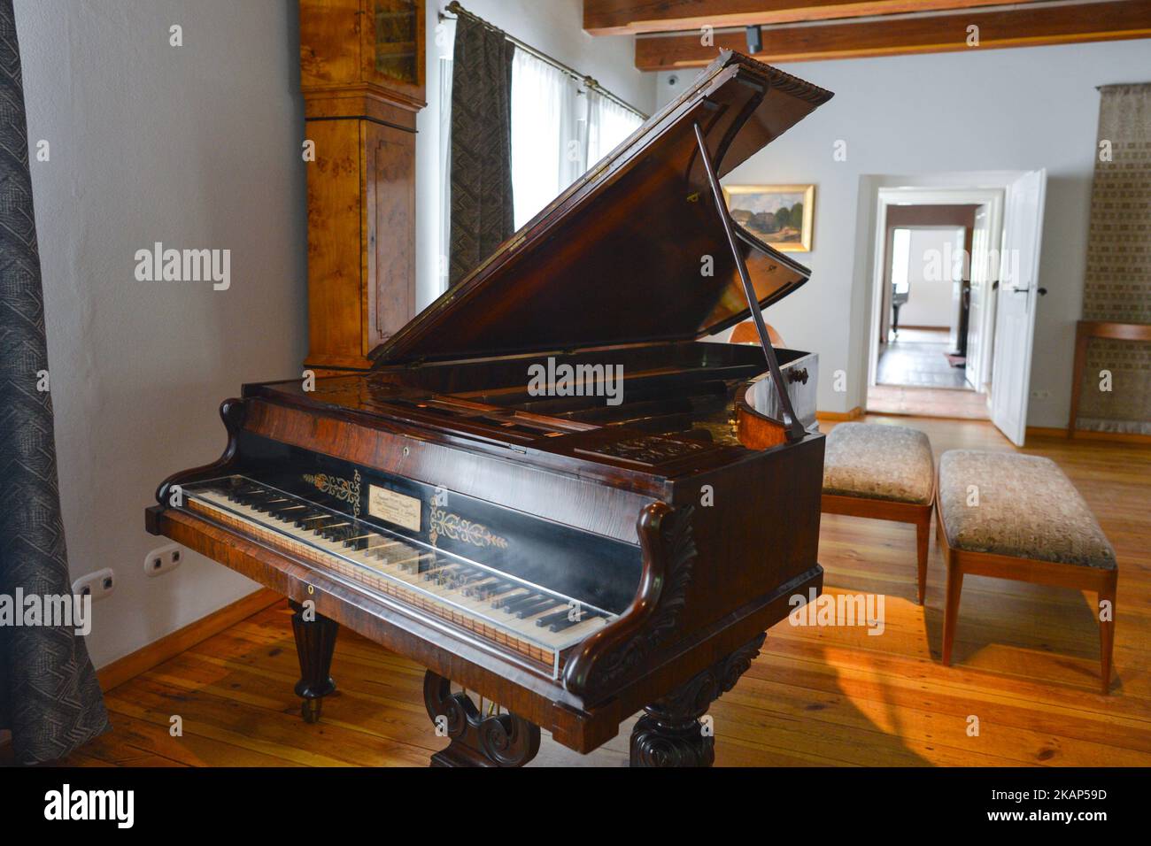 Una vista di un pianoforte a coda visto nel museo natale di Chopin dedicato al compositore, situato in un piccolo villaggio di Zelazowa Wola, 46km km a ovest di Varsavia. Venerdì 7 luglio 2017 a Varsavia, Polonia. (Foto di Artur Widak/NurPhoto) *** Please use Credit from Credit Field *** Foto Stock