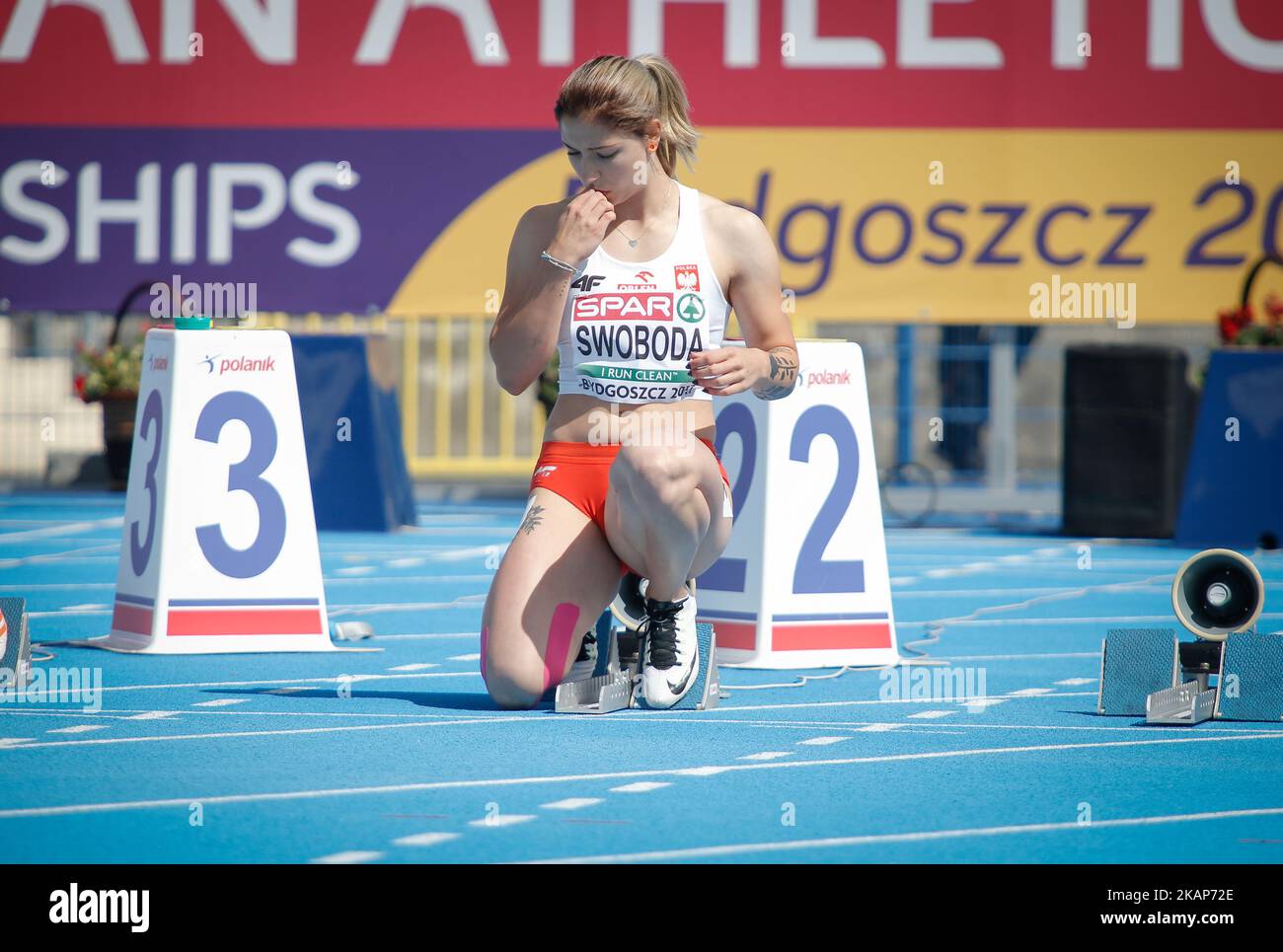 Ewa Swoboda, diciannove anni, partecipa allo sprint di 100 metri il 13 luglio 2017. Miss Swoboda è una delle più promissing polacche atleti femminili attualmente tenendo il record mondiale indoor sullo sprint di 60 metri. (Foto di Jaap Arriens/NurPhoto) *** Please use Credit from Credit Field *** Foto Stock