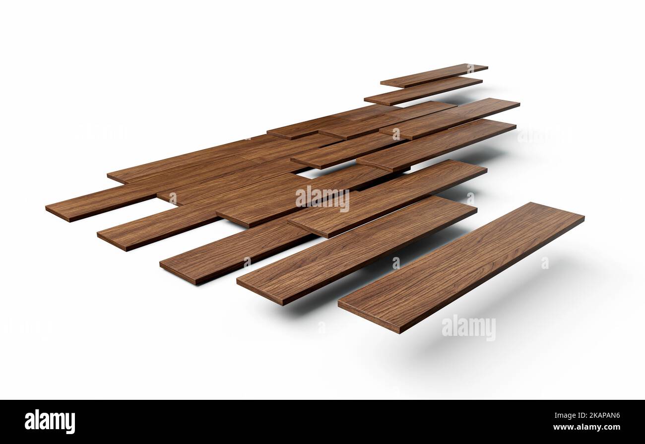 installazione pavimenti in legno fissaggio parchetti a pavimento. 3D Illustrazione circa costruzione Foto Stock