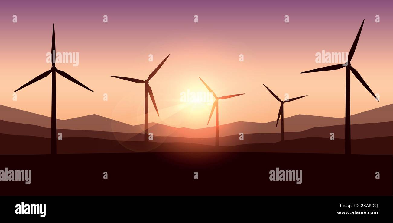 mulini silhouette vento energia elettrica concetto al tramonto Illustrazione Vettoriale