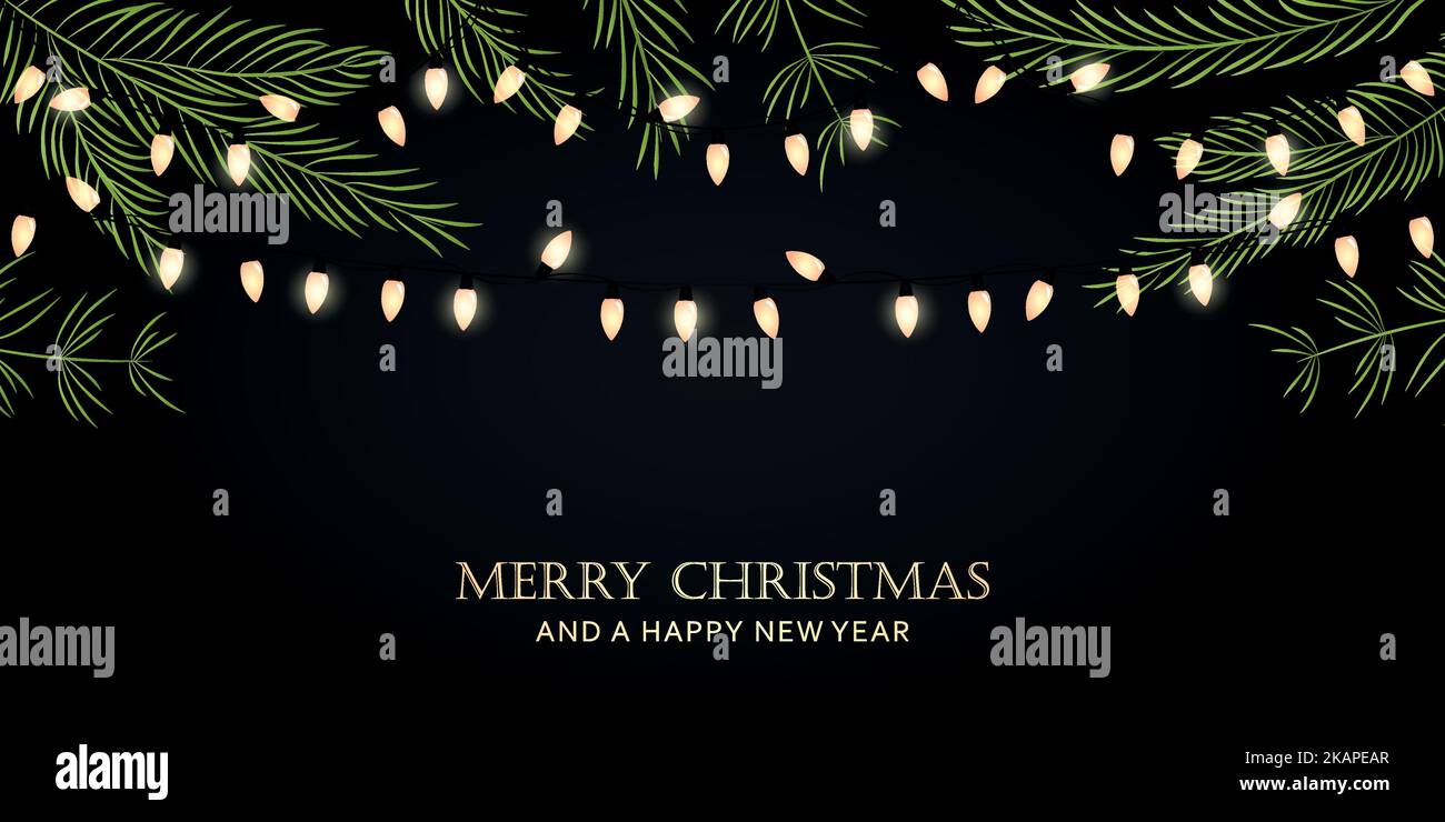 biglietto di auguri natalizio con fairy lights e rami di abete Illustrazione Vettoriale