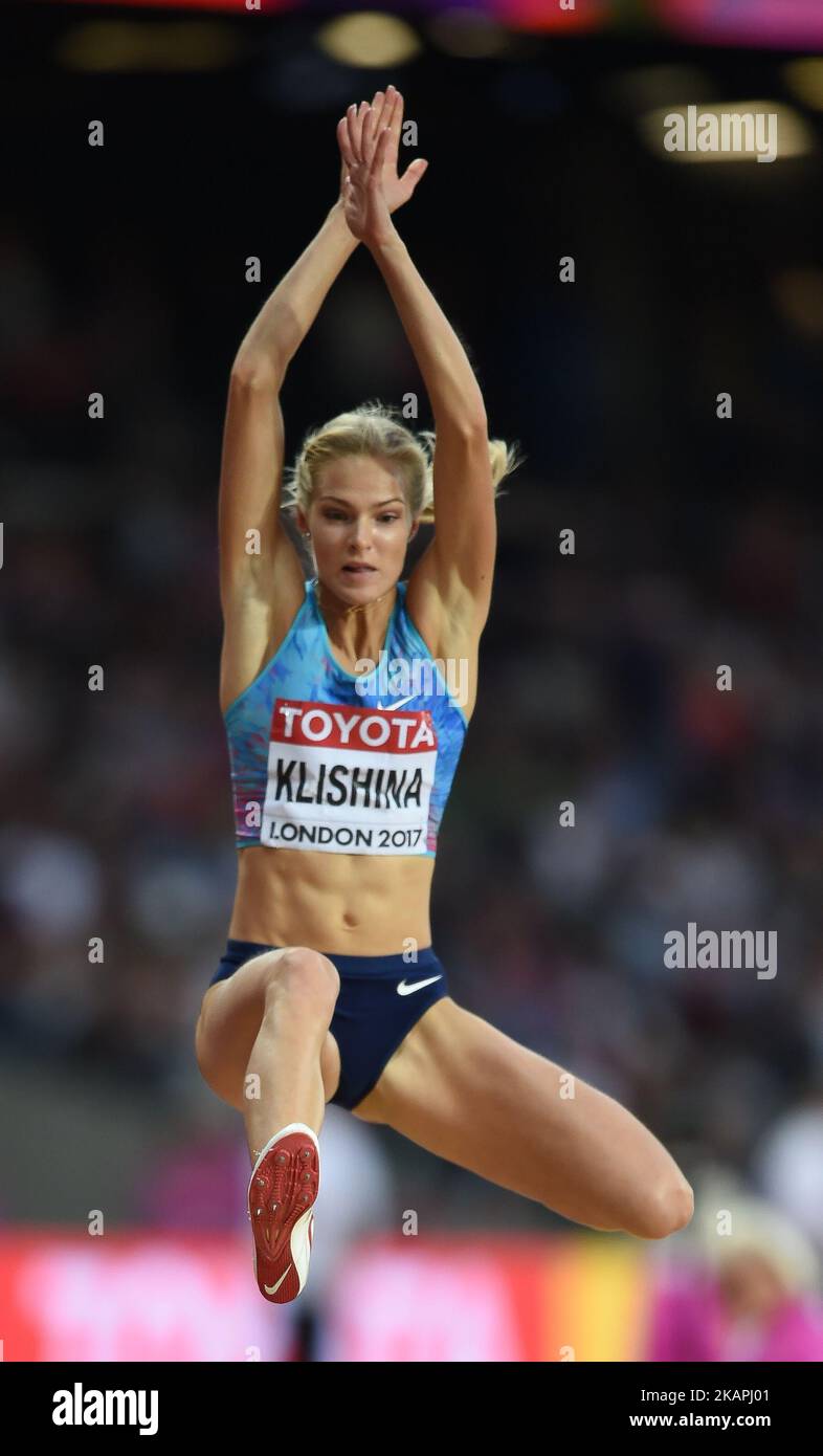 Darya Klishina salta nella finale di salto lungo ai Campionati Mondiali IAAF 2017 di atletica al London Stadium di Londra, Regno Unito, il 11 agosto 2017. (Foto di Ulrik Pedersen/NurPhoto) *** Please use Credit from Credit Field *** Foto Stock