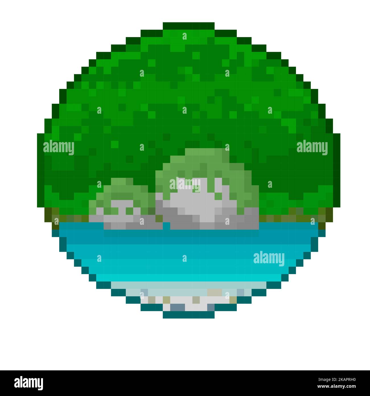 L'arte pixel di rocce macchie con acqua e vegetazione verde in un cerchio isolato su uno sfondo bianco. Illustrazione Vettoriale