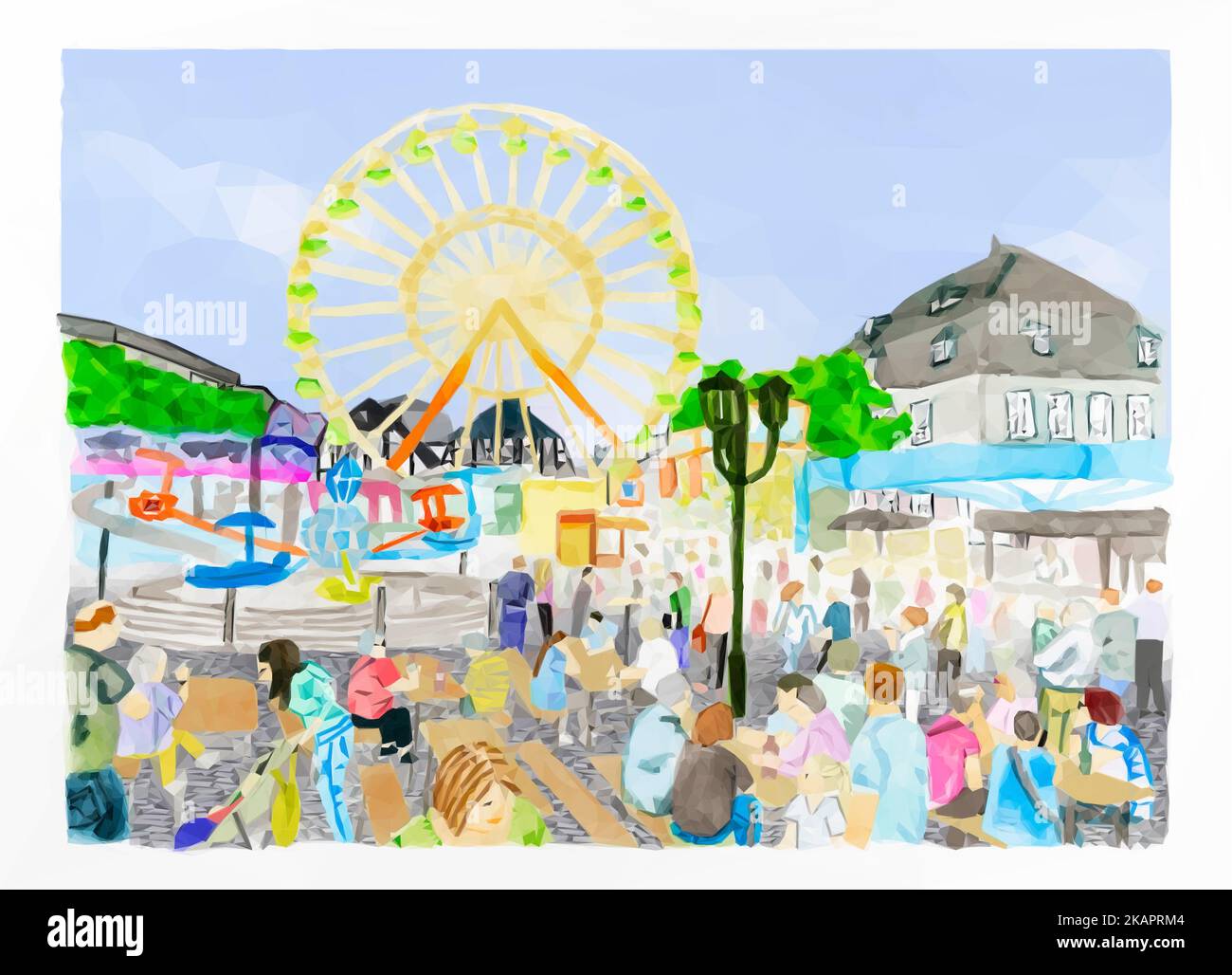 Acquerello Brilon Michaelis fiera. Molte persone si animano sulla piazza del mercato. Rotatorie e la ruota panoramica si trovano davanti alla metà in legno Illustrazione Vettoriale