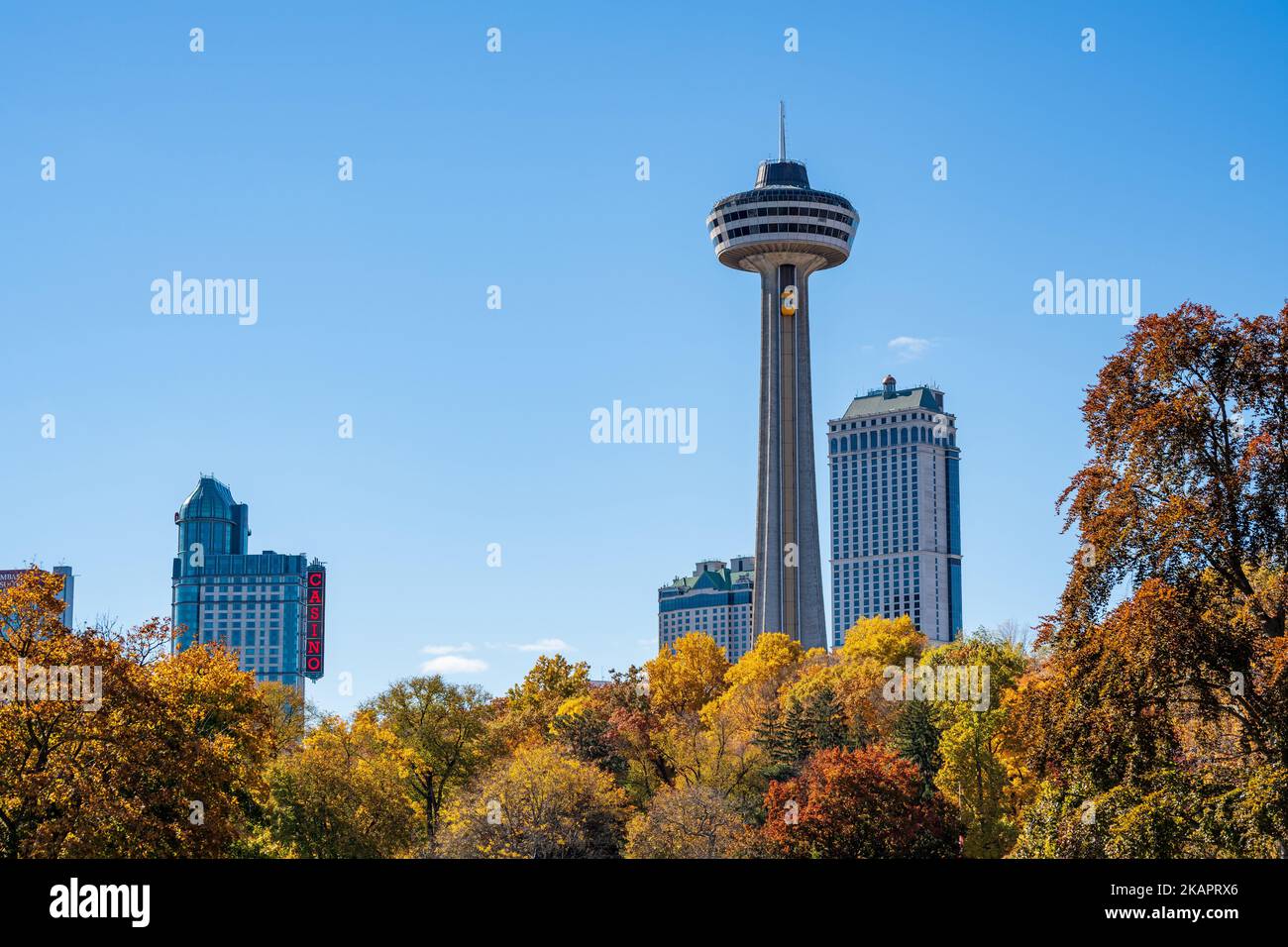Cascate del Niagara, Ontario, Canada - Ottobre. Skylon Tower, autunno acero foglie sul cielo blu. Fogliame autunnale a Niagara Falls City. Foto Stock