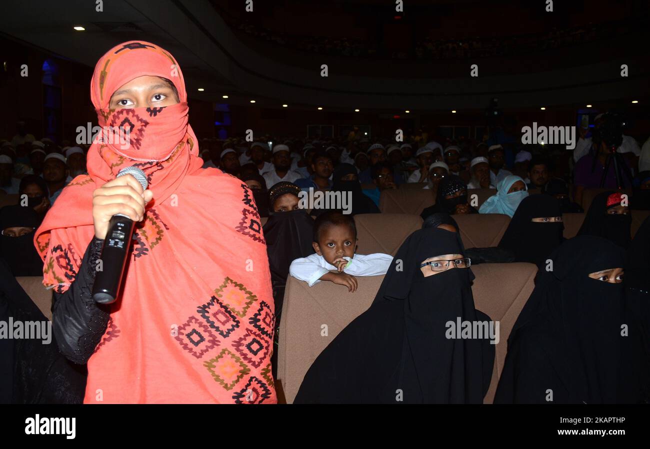 Fatema Khatun reagisce nel programma di protesta di Jamat-Ulema-e-Hind contro il verdetto di corte suprema per fermare il sistema Triple Talaq a livello nazionale a Kolkata, in India, il 28 agosto 2017. (Foto di Sonali Pal Chaudhury/NurPhoto) Foto Stock
