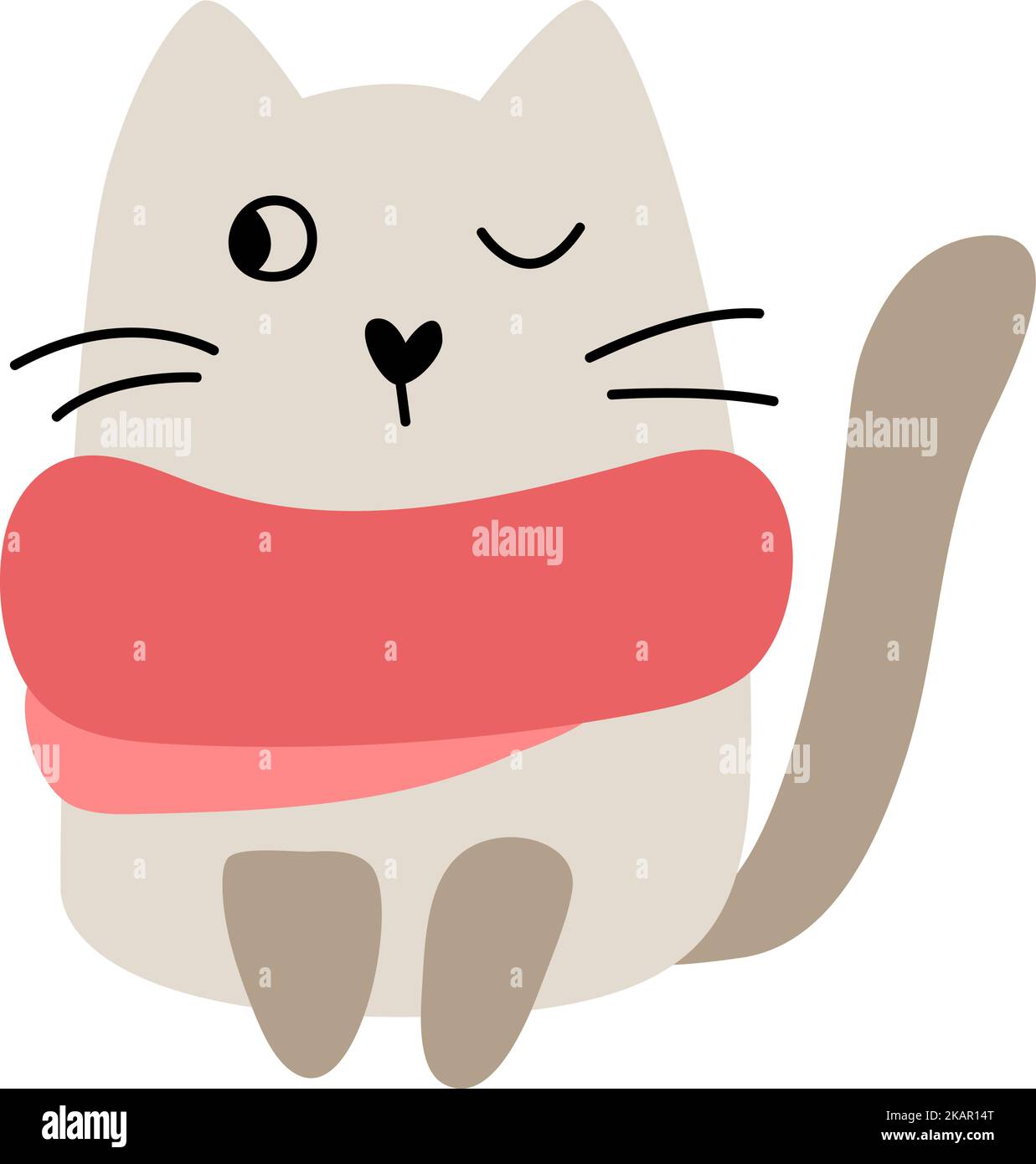 Carino bambino Natale cartone animato vettore inverno gatto in sciarpa rossa. Doodle in stile scandinavo per il nuovo anno. Risorsa grafica per contenuto grafico, banner Illustrazione Vettoriale