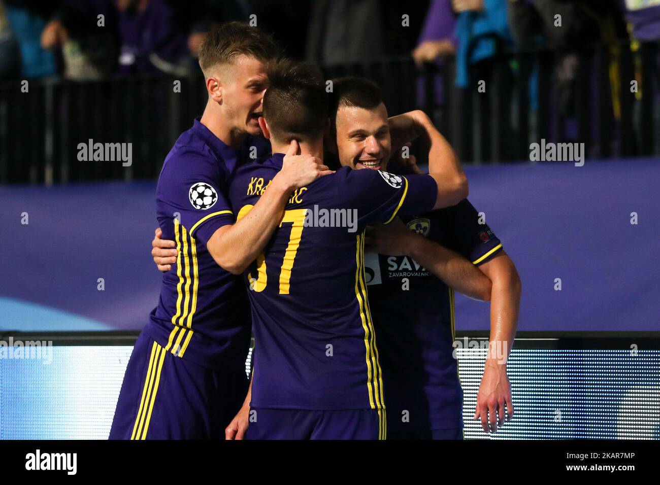 Damjan Bohar di NK Maribor festeggia il gol durante la partita UEFA Champions League Group e tra NK Maribor e Spartak Moskva allo Stadion Ljudski Vrt adio il 13 settembre 2017 a Maribor, Slovenia. (Foto di Damjan Zibert/NurPhoto) Foto Stock