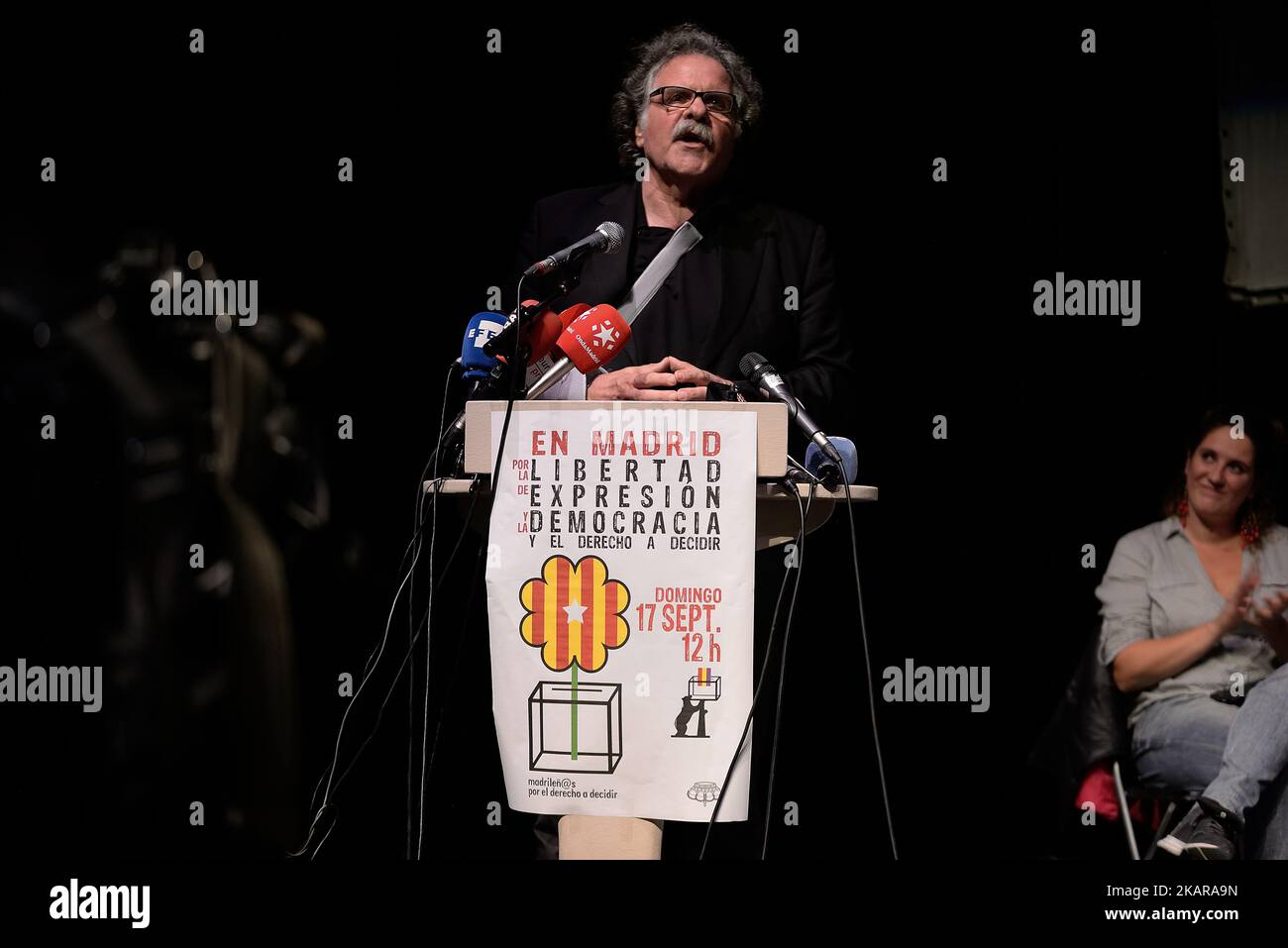 Joan Tardà, deputato al Congresso della sinistra repubblicana della Catalogna (ERC) durante l'atto a sostegno del referendum del 1-o in Catalogna (Foto di Juan Carlos Lucas/NurPhoto) Foto Stock