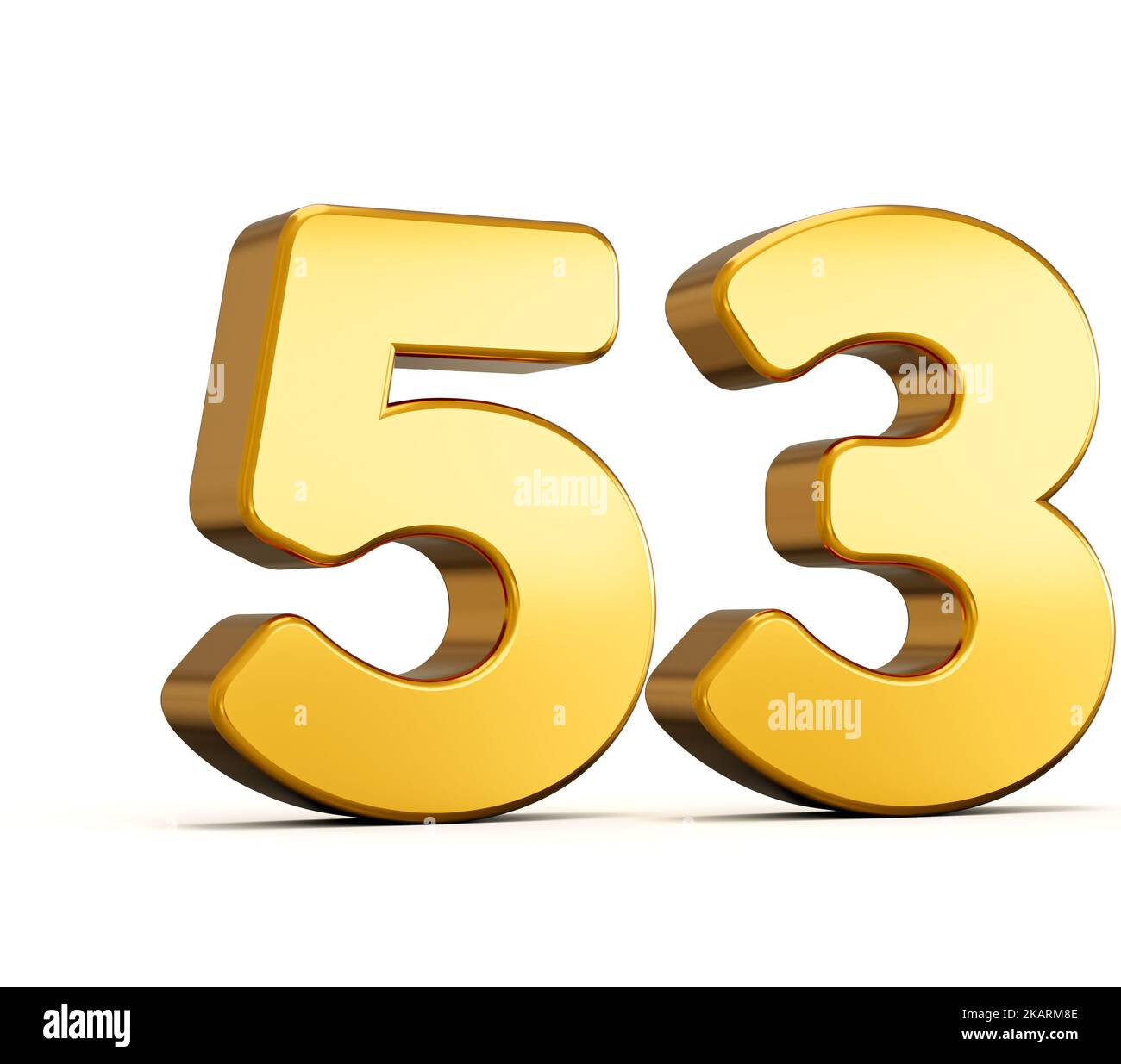 3d illustrazione del numero d'oro cinquanta tre o 53 isolato su sfondo bianco con ombra. Foto Stock